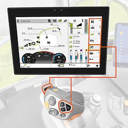 CMOTION avec gestion des favoris.
Sept paramètres peuvent être mémorisés comme favoris et appelés au moyen des commutateurs à bascule du levier d'avancement CMOTION. Votre regard reste ainsi concentré sur l'outil frontal et le flux de récolte, votre main ne quitte pas le levier d'avancement CMOTION, par exemple pour relever ou abaisser la goulotte d'éjection. - JAGUAR 980-930 (Type 497) 900 HRC