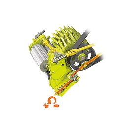 Entraînement variable des becs à maïs ORBIS et des PICK UP.
Entraînement uniquement hydrostatique et variable
Ajustement manuel ou automatique du régime de l'outil frontal en fonction de la longueur de coupe présélectionnée et avec une faible consommation de puissance
 - JAGUAR 900 HRC